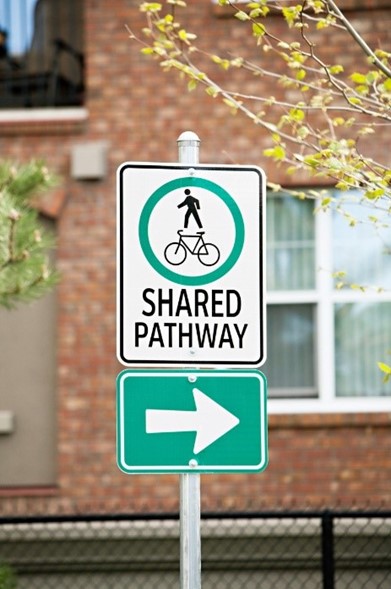 An image of a shared path sign, indicating that the path is used my multi-modes of transportation