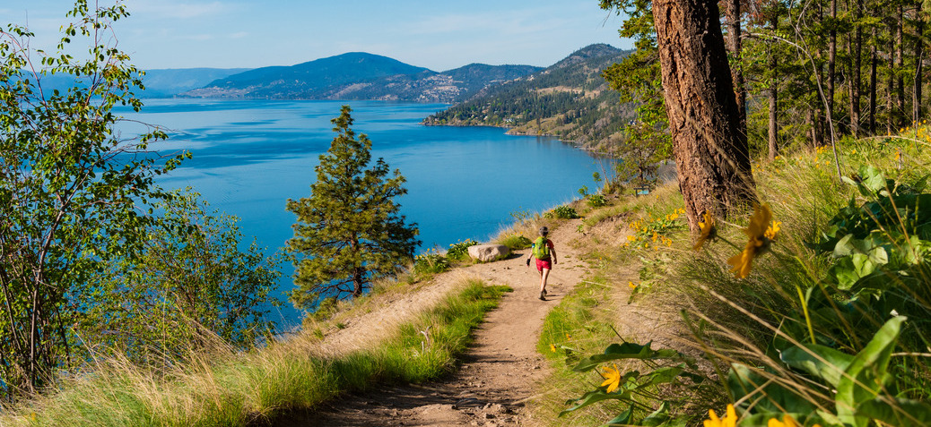 Person hiking to on Knox mountain with a view of Lake Okanagan