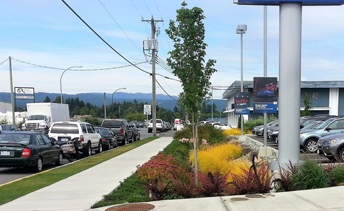 2040 OCP - Form and Character, image example of landscape strip with rain garden adjacant to parking