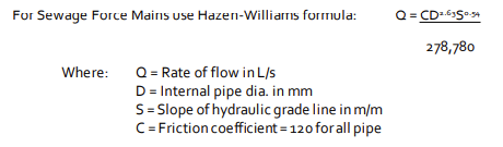 Sewage Force Mains (Hazen-Williams Formula)
