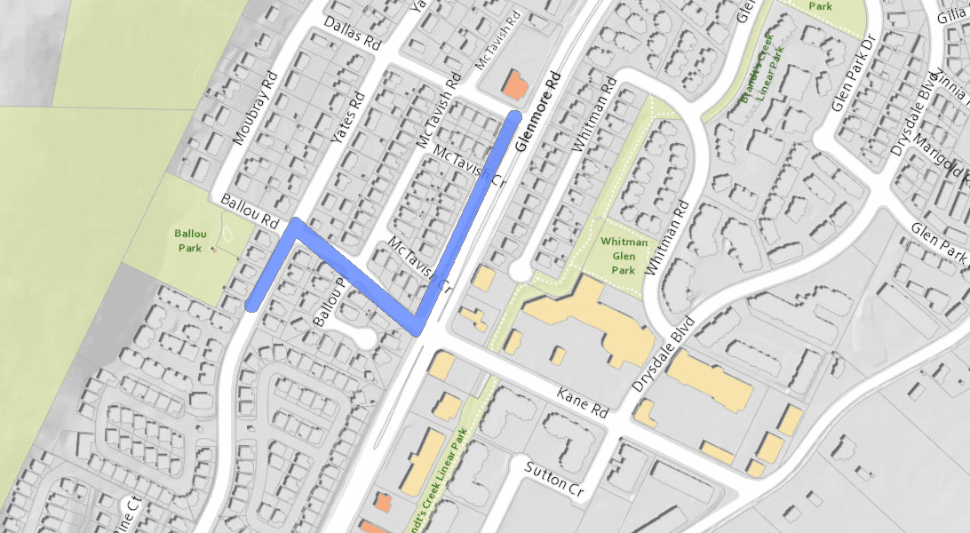 Map of Glenmore Road multi-use path construction June – August 2024 