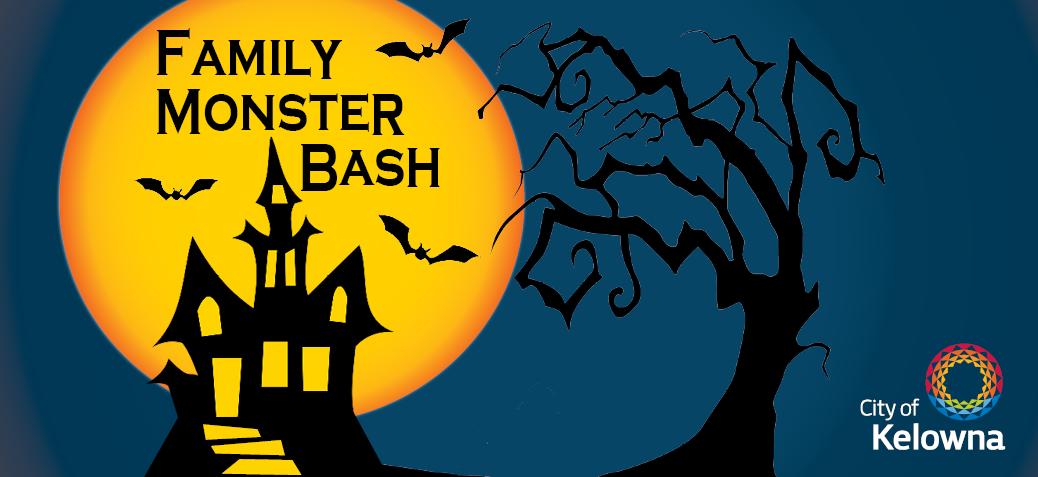 "Family Monster Bash" over a Halloween moon, bats and tree.