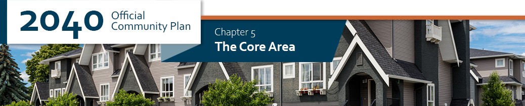 2040 OCP - Chapter 5 - The Core Area 2040 OCP - Chapter 5 - The Core Area chapter header, image of row houses near central corridor of Kelowna