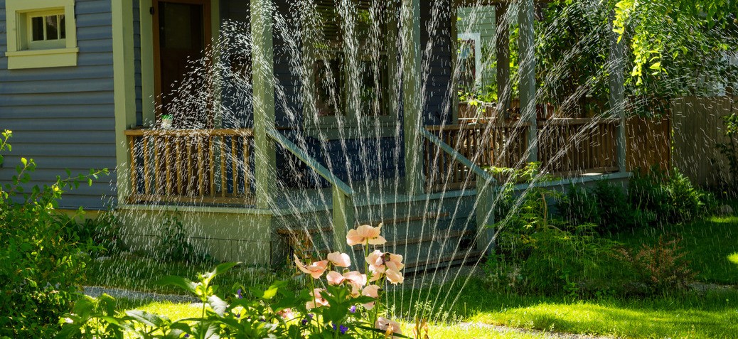 Sprinkler A sprinkler watering grass abd plants on a home yard.