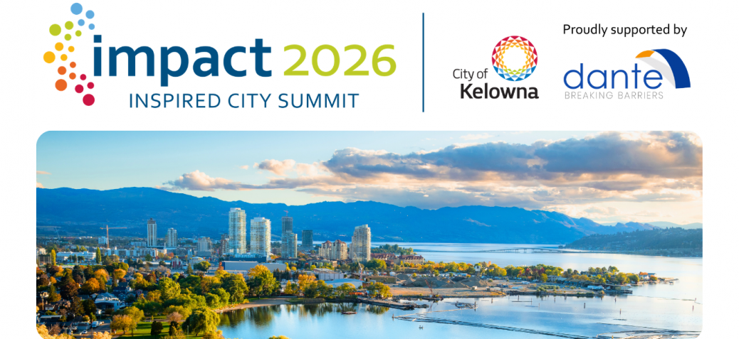 Impact 2026 logo City of Kelowna panorama view with IMPACT 2026 logo and sponsors